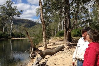 Cloverly graziers Mick and Judy Cook A grazier couple stand on the edge of their property overlooking a creek smiling.